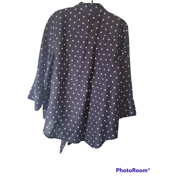 Chicos Top Womens Sz 8 Linen Blue White Dots Button Down Front Ties 3/4 Sleeve - Picture 6 of 6